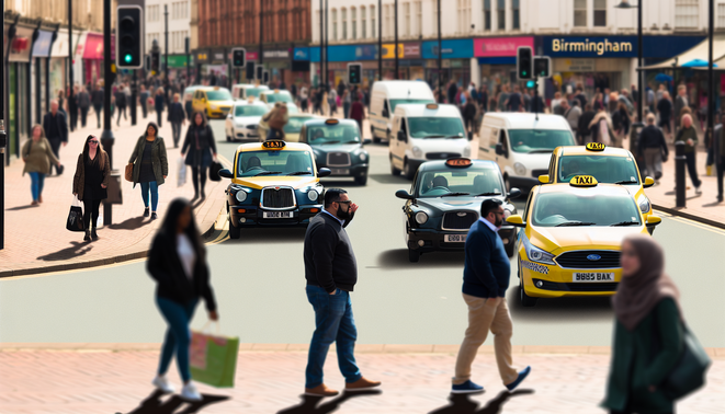 alt_text: A vibrant Birmingham street scene with taxis, landmarks, and bustling pedestrians, showcasing reliable service.