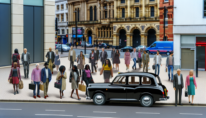 alt_text: A busy Birmingham street with a classic black taxi, pedestrians, and iconic architecture.