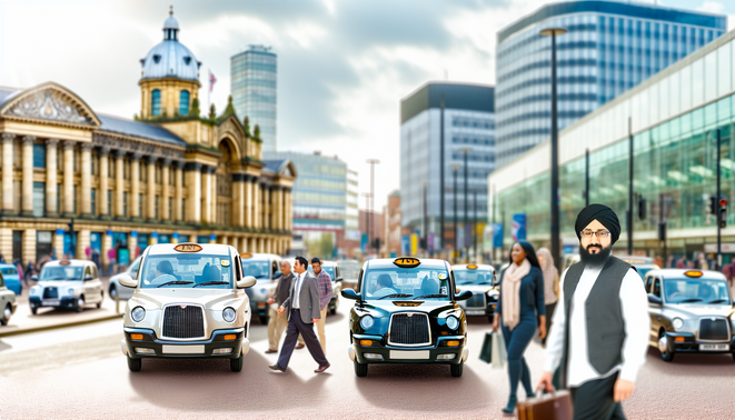 alt_text: A vibrant Birmingham street with taxis, landmarks, and busy city life, capturing the essence of urban transport.