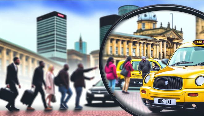 alt_text: "Vibrant Birmingham taxi scene with iconic cabs, passengers, landmarks, and modern booking elements."