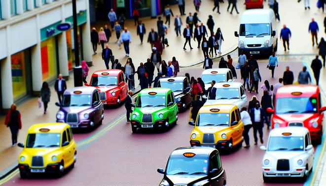 alt_text: A vibrant Birmingham scene with colorful taxis, pedestrians, and landmarks like the Bullring.