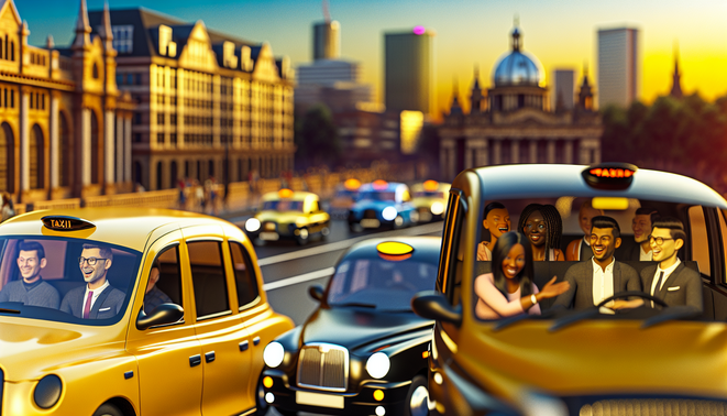 alt_text: A vibrant Birmingham scene with diverse taxis, happy passengers, and iconic architecture at golden hour.