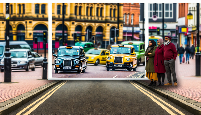 alt_text: A vibrant Birmingham street scene with taxis, iconic landmarks, and diverse passengers.