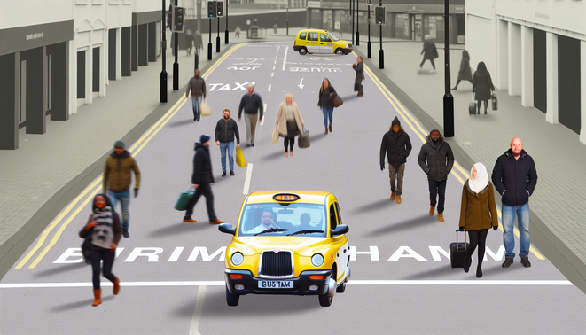alt_text: A busy Birmingham street with a yellow taxi, diverse passengers, and iconic landmarks, under gray skies.