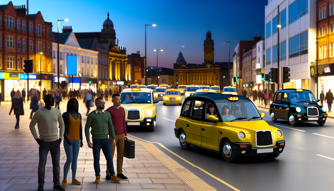 alt_text: A bustling Birmingham street at dusk, featuring taxis, iconic landmarks, and diverse passengers.