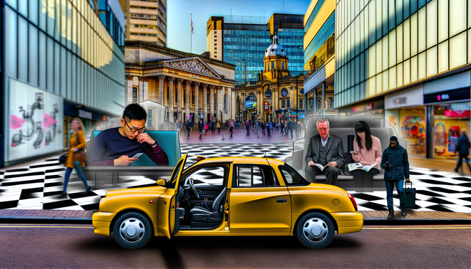 alt_text: A bustling Birmingham street scene featuring a modern taxi, iconic landmarks, and diverse passengers.