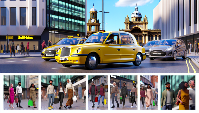 alt_text: A vibrant Birmingham taxi scene with iconic landmarks, diverse taxis, and multicultural pedestrians.