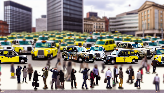 alt_text: A vibrant Birmingham taxi scene, blending iconic architecture, diverse people, and bustling activity.