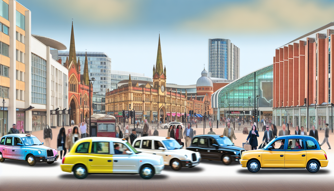 alt_text: Bustling Birmingham street showcasing diverse taxis, iconic landmarks, and vibrant urban life.