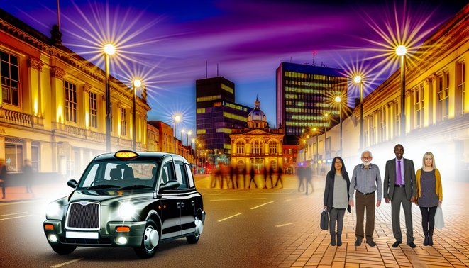 alt_text: A vibrant Birmingham street at dusk, featuring a sleek taxi, local landmarks, and friendly pedestrians.