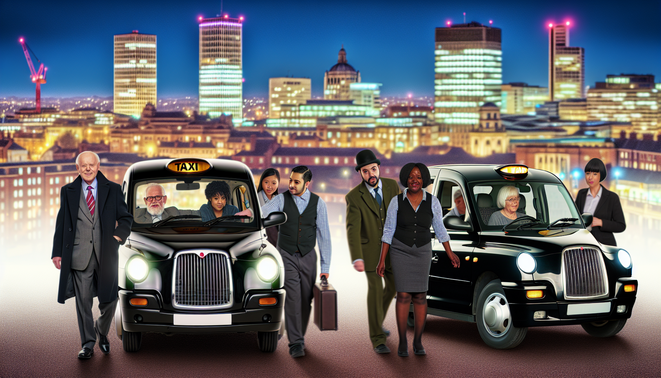 alt_text: "Birmingham's vibrant taxi scene with black cab, ride-sharing vehicle, diverse passengers, and skyline."