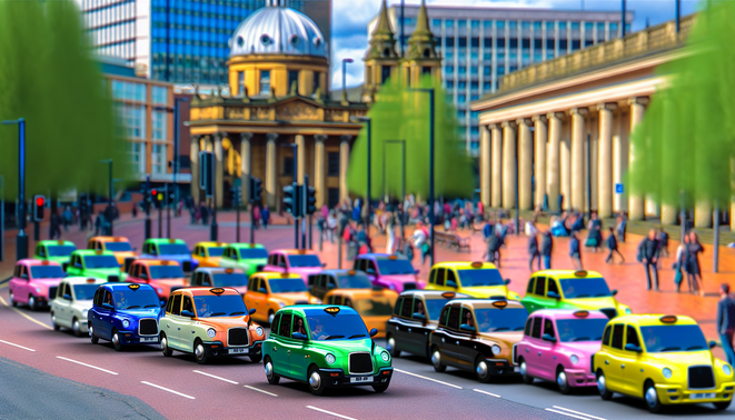 alt_text: A vibrant Birmingham taxi scene with colorful cabs, diverse passengers, and iconic landmarks.