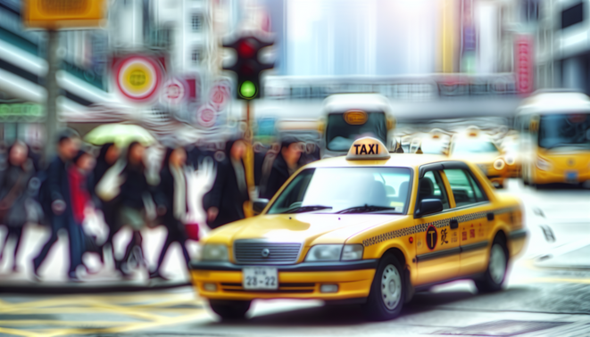 alt_text: A bustling Birmingham taxi scene with iconic landmarks and vibrant city life, capturing movement.