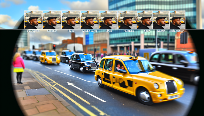 alt_text: A bustling Birmingham street with iconic landmarks and diverse taxis, capturing urban life and accessibility.