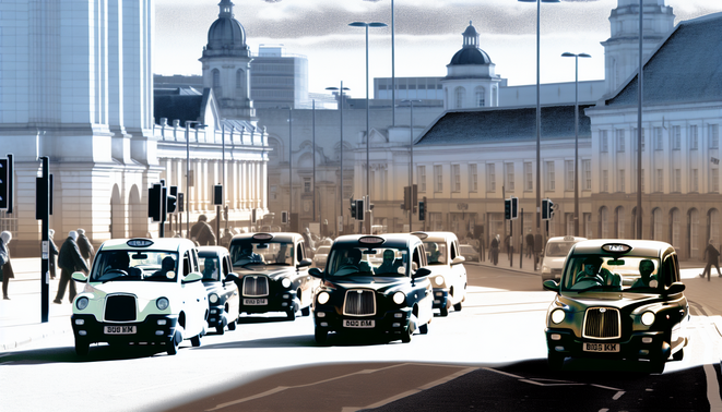 alt_text: A vibrant Birmingham scene with taxis, landmarks, and diverse passengers in warm afternoon light.