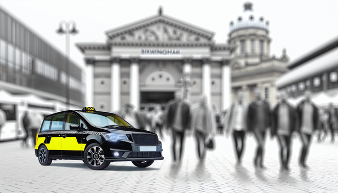 alt_text: A vibrant Birmingham street scene with a modern taxi, iconic landmarks, and bustling city life.