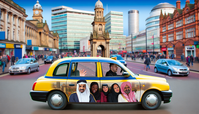 alt_text: A vibrant Birmingham taxi scene with iconic landmarks, bustling streets, and diverse passengers.