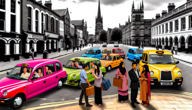alt_text: A lively Birmingham taxi scene with diverse passengers, colorful taxis, and iconic landmarks.