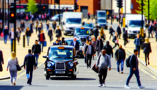 alt_text: A bustling Birmingham street scene with a black cab, landmarks, and diverse pedestrians under sunlight.